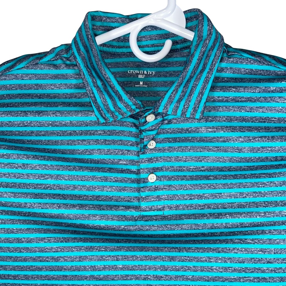Crown & Ivy Golf Mens Medium Polo Shirt Turquoise Grey Striped Short Sleeve M